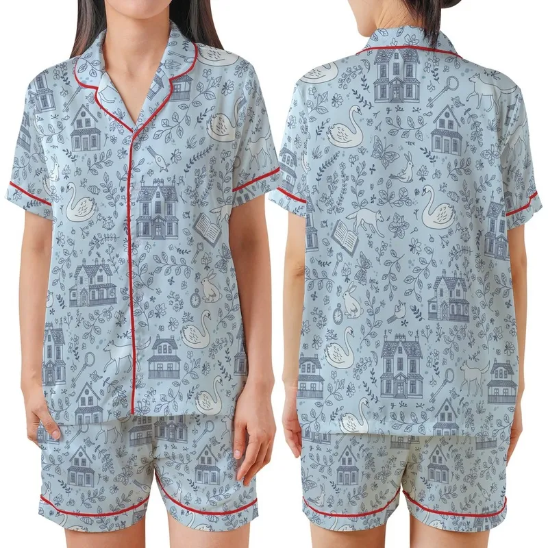 Literary Fan Pride & Prejudice Satin Sleep Set: Regency Houses, Botanical Vines & Whimsical Animals Satin Short-Sleeve Pajamas Set - 1