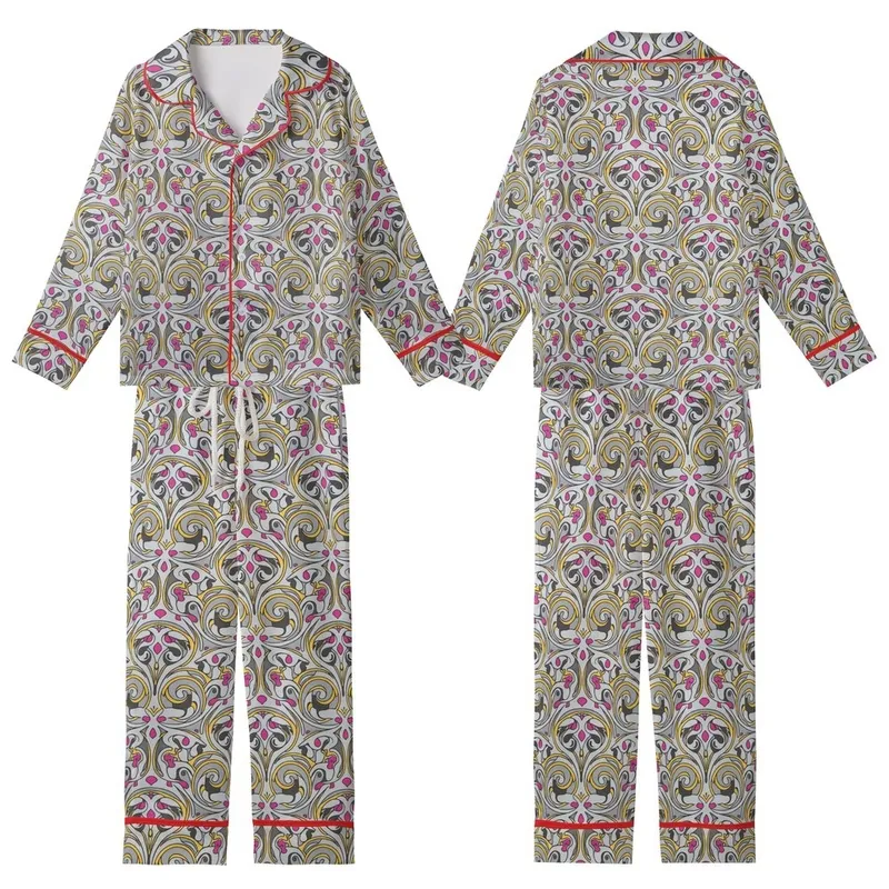 Artful Design Enthusiasts' Art Nouveau Stylized Vine Curvilinear Pattern Grey Mustard Fuchsia Kid Satin Pajamas Set - 1
