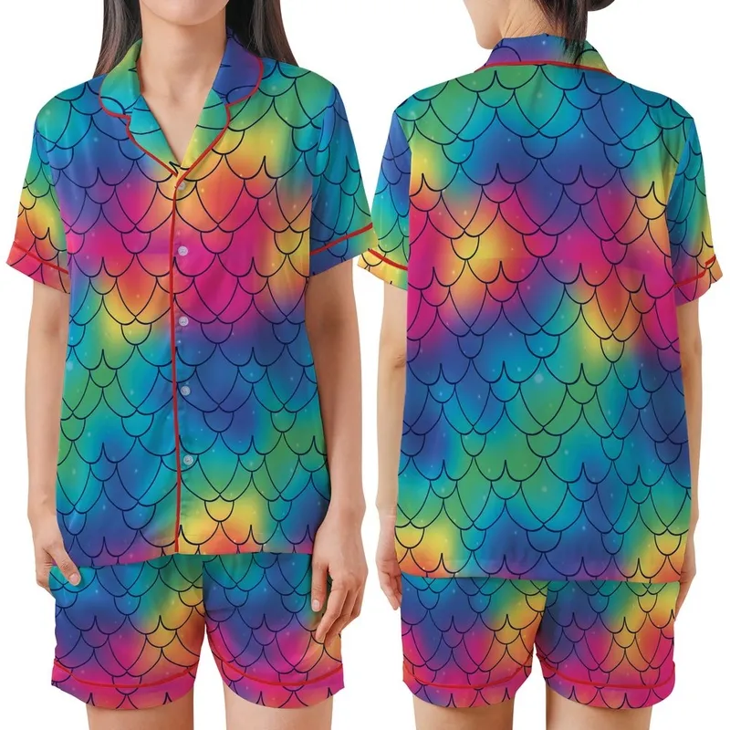 Fantasy Lovers' Fluid Iridescent Rainbow Dragon Scales Seamless Pattern Ocean to Fire Hues Satin Short-Sleeve Pajamas Set - 1