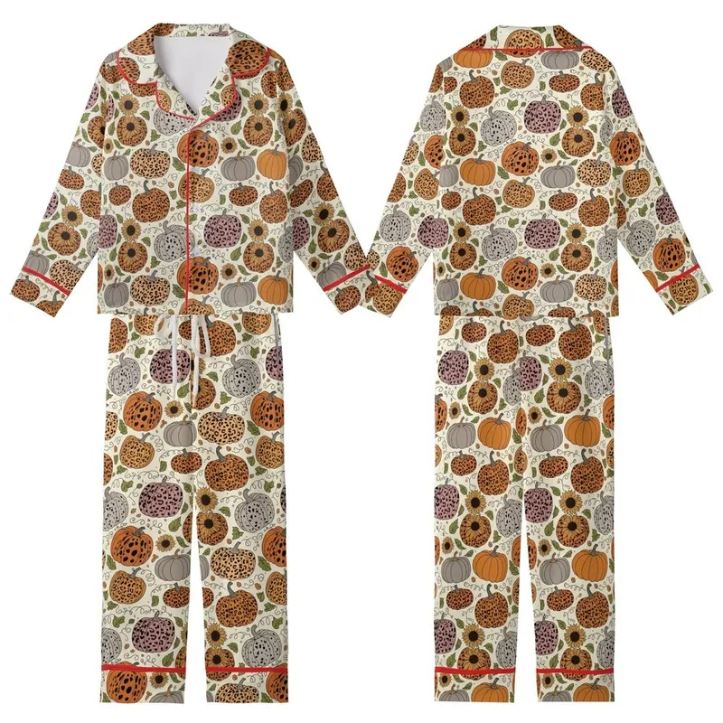 Women's Fall Mom Teacher Wild About Fall Leopard Pumpkin Sunflower Cozy Knit Kid Satin Pajamas Set - LoBNF7eNNb