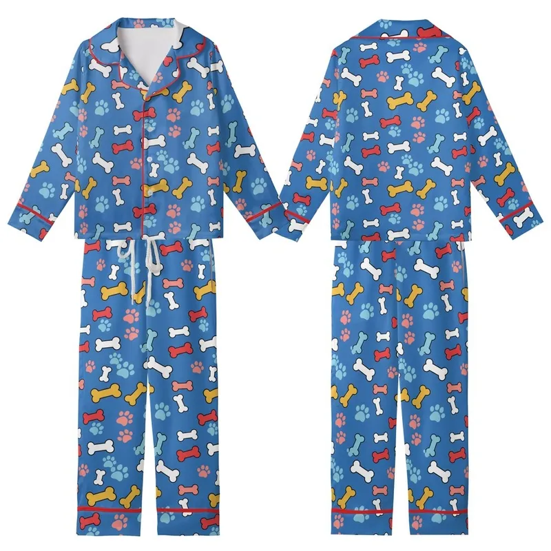 Sighthound Cozy Fleece Loungewear: Royal Blue Cartoon Dog Bone & Paw Print Sleep Suit Kid Satin Pajamas Set - voRDhkOkhB