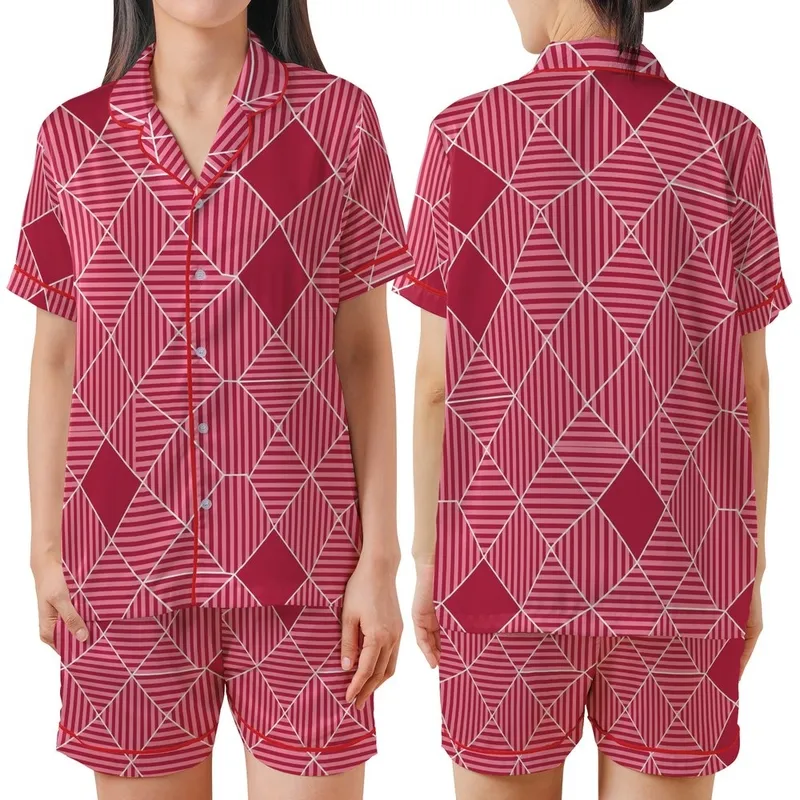 Women's Pink Red Abstract Striped Polygon Pure Cotton Pajamas Satin Short-Sleeve Pajamas Set - 1