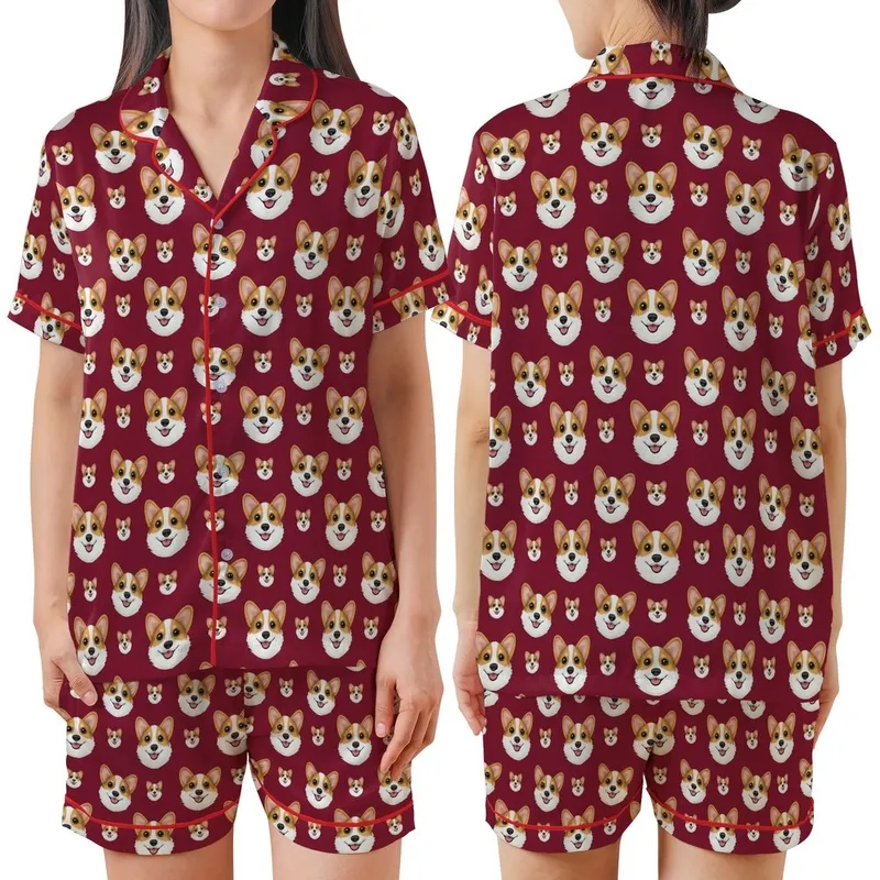 Corgi Lovers' Cheerful Photorealistic Corgi Faces Scattered All-Over Deep Crimson Red Satin Short-Sleeve Pajamas Set - 1