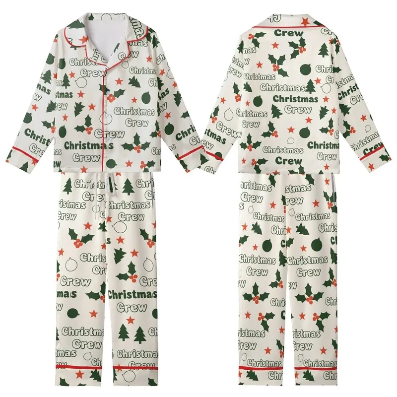 Christmas Crew Retro Groovy Holly Ornament Star Text Pattern Kid Satin Pajamas Set - aWey6hbacv