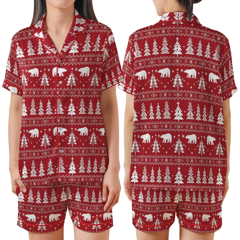 Holiday Lovers' Deep Red White Nordic Fair Isle Polar Bear Fir Tree Snowflake Geometric Pattern Satin Short-Sleeve Pajamas Set - erX1CquJ_s