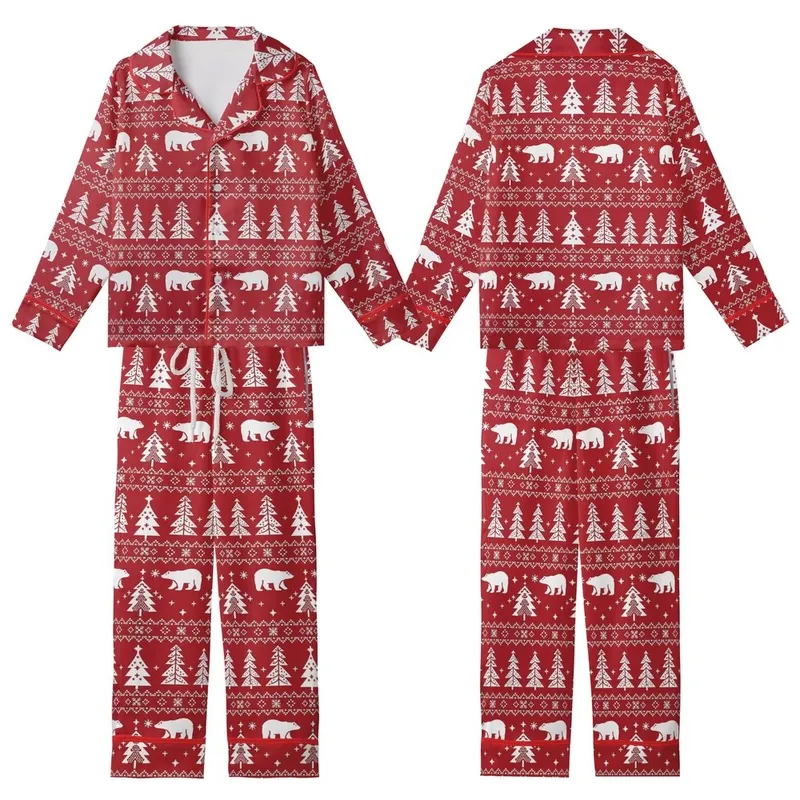 Holiday Lovers' Deep Red White Nordic Fair Isle Polar Bear Fir Tree Snowflake Geometric Pattern Kid Satin Pajamas Set - A7OPC3s5z5