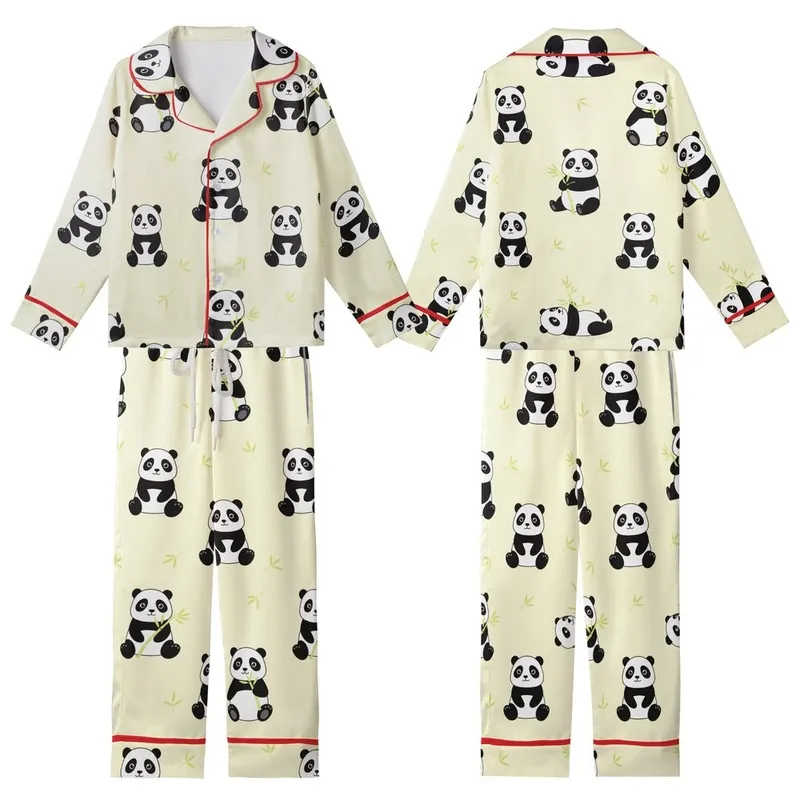Women's Whimsical Panda & Bamboo Print Creamy Yellow Pure Cotton Pajamas Set Kid Satin Pajamas Set - VAXKSY5f5I