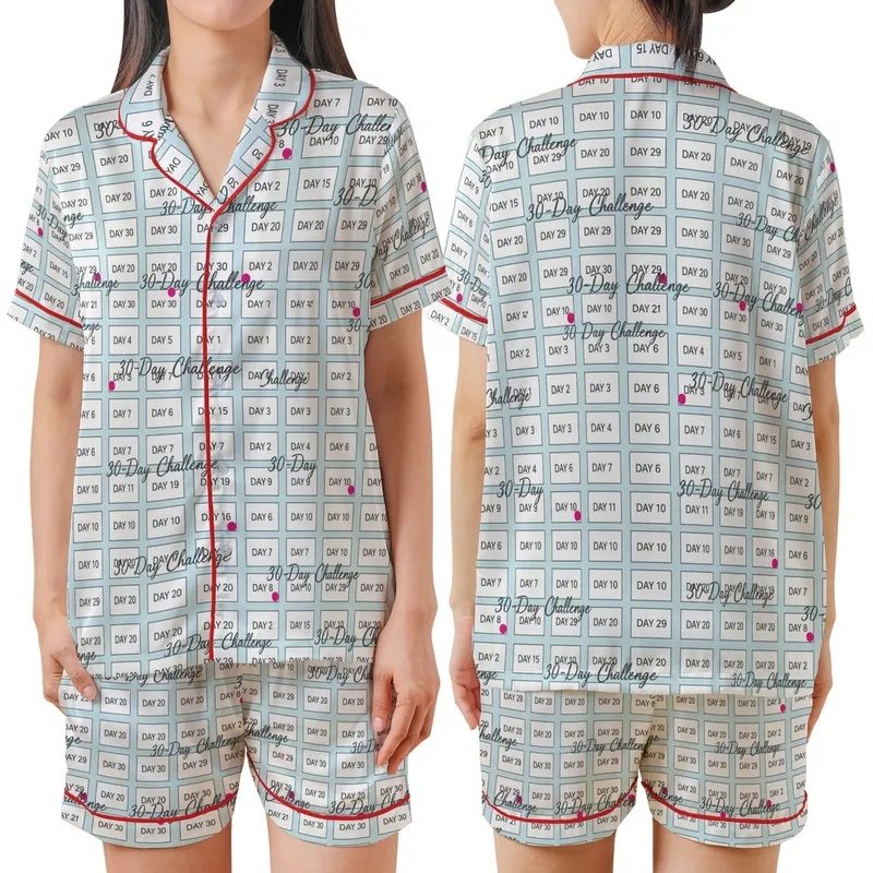 Minimalist 'Day X' Pattern Pajamas: 30-Day Grid Design with Fuchsia Accents Sleep Set Satin Short-Sleeve Pajamas Set - IBo5eBn8vg