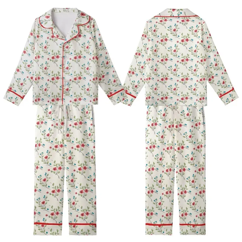Women's Vintage Pajamas: Delicate Wildflower & Teal Berry Botanical Print Kid Satin Pajamas Set - IH3bSxeAGA