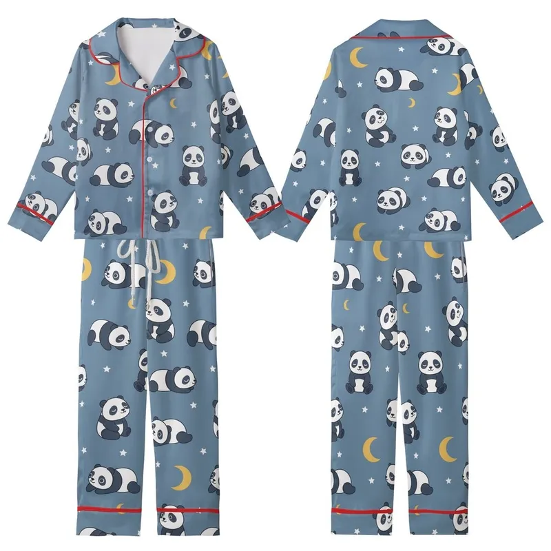 Cozy Panda Print Sleep Set: Whimsical Cartoon Design with Stars & Moons on Blue-Grey Kid Satin Pajamas Set - TTqwL6QPh5