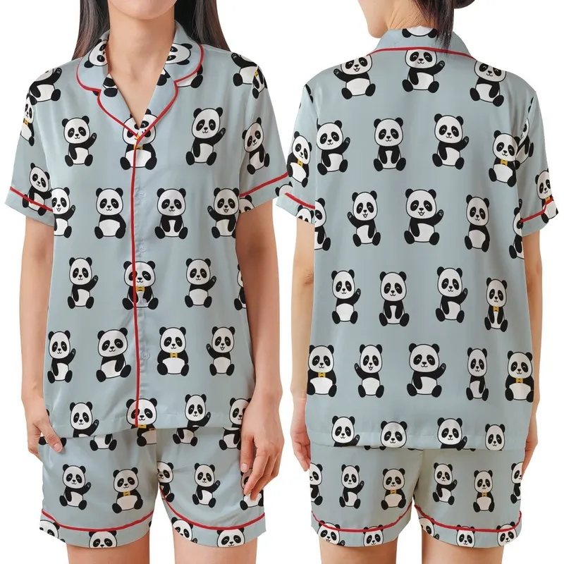 Panda Lovers' Cute Playful Panda Bear Characters Seamless Pattern with Golden Bows on Light Blue-Gray Background Satin Short-Sleeve Pajamas Set - MW2n5x6BVZ