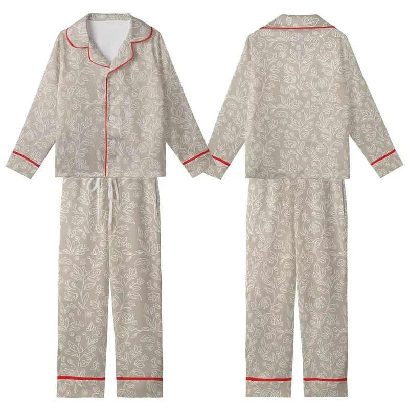 Bridesmaid & Bridal Party White Outline Abstract Floral Print Satin Sleep Set Satin Short-Sleeve Pajamas Set - DNCd-LlWY6