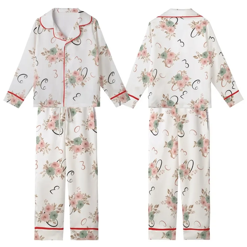 Women's Elegant Watercolor Bloom Calligraphy Numeral Pattern in Pastel Pink & Sage Kid Satin Pajamas Set - 1