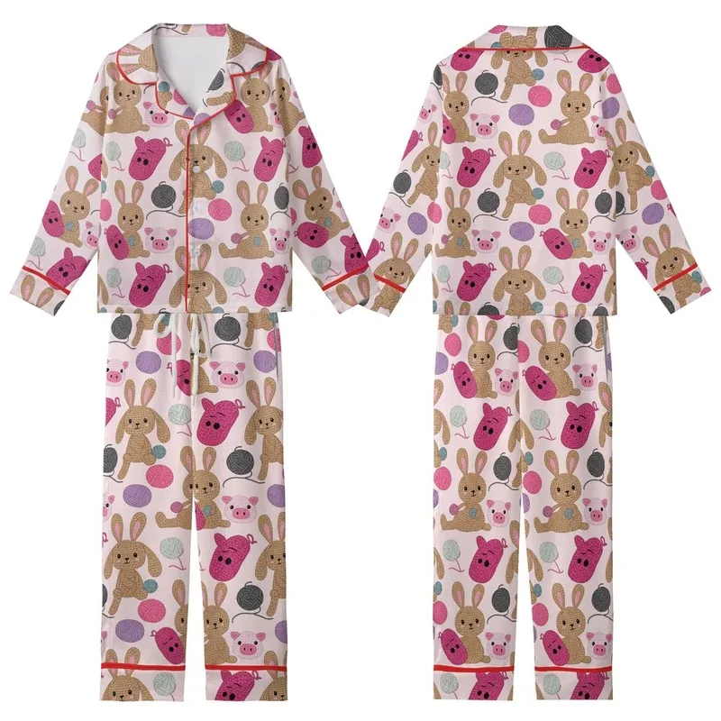 Cozy Loungewear: Crocheted Floppy Ear Bunny & Pig Slipper Pattern - Soft Tones Pajamas Kid Satin Pajamas Set - 1