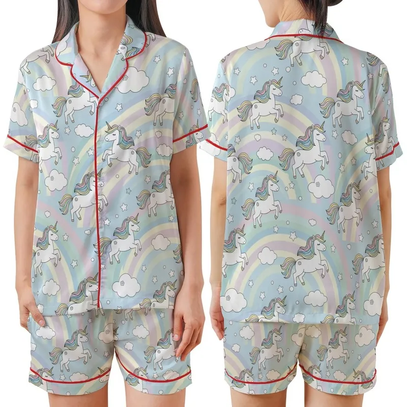 Fantasy Lover's Flat Cartoon Unicorn Pastel Rainbow Seamless Pattern Satin Short-Sleeve Pajamas Set - 1