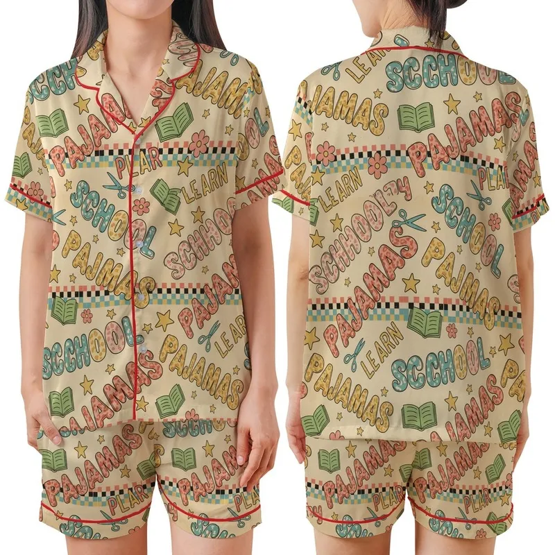 Teacher Humor: Muted Teal Retro School Pajamas Pattern - Digital Graphic Satin Short-Sleeve Pajamas Set - OobHHz9XPy