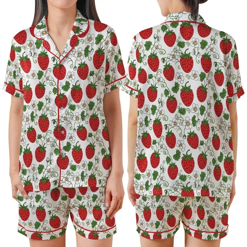 Women's Indian Handmade Strawberry Blossom Print Pure Cotton Night Suit Satin Short-Sleeve Pajamas Set - BkS0bU5SGn