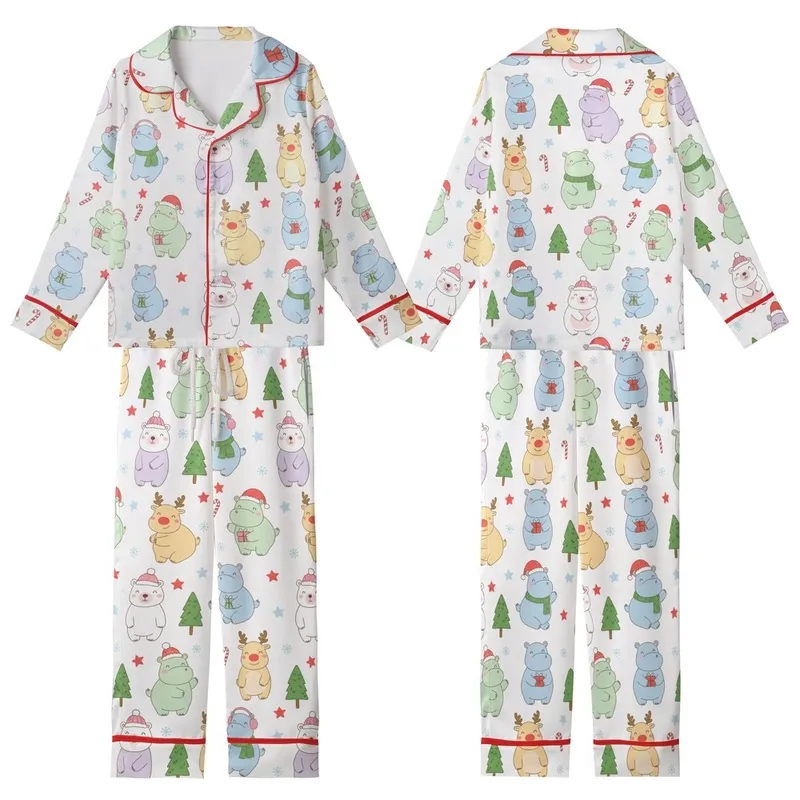 Whimsical Pastel Hippo Pattern: Festive Reindeer & Polar Bear Christmas Art - Unique Wearable Design Kid Satin Pajamas Set - 9bJe4HnSb9