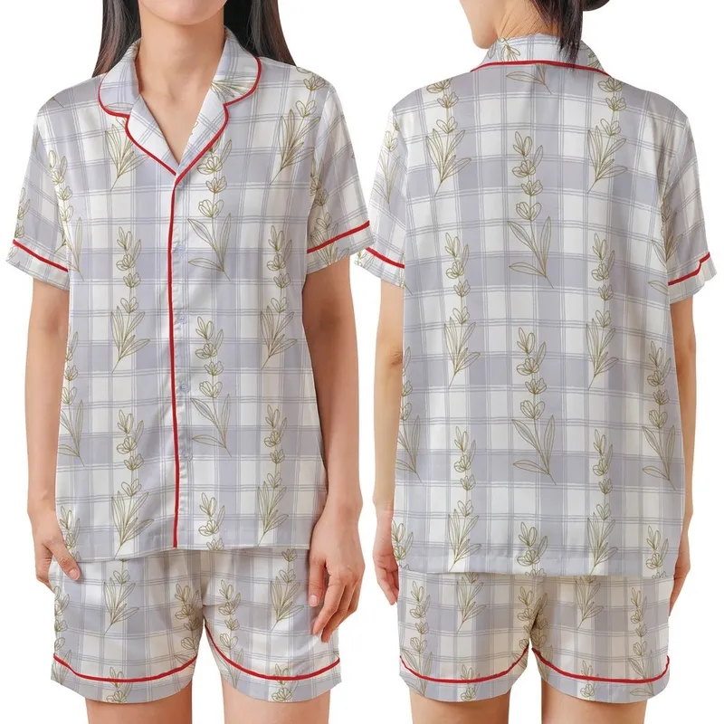 Family & Bridesmaid Rayon Pajamas: Subtle Gingham & Lavender Botanical Sleep Set Satin Short-Sleeve Pajamas Set - xScoyvMJI9