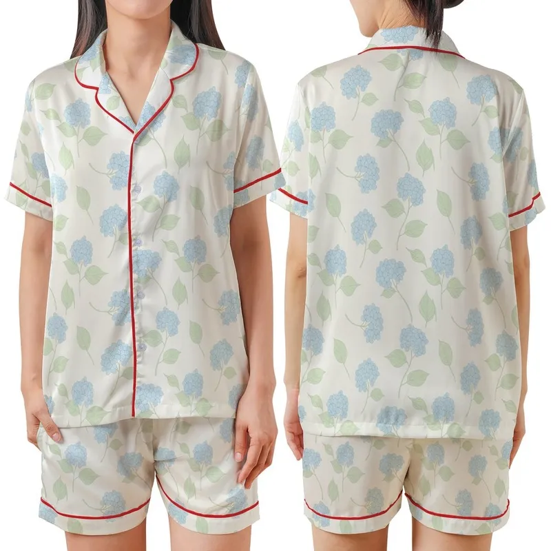 Bridesmaids Hydrangea Floral Notched Collar Rayon Sleep Ensemble - Wedding Party Getting Ready Kid Satin Pajamas Set - 1
