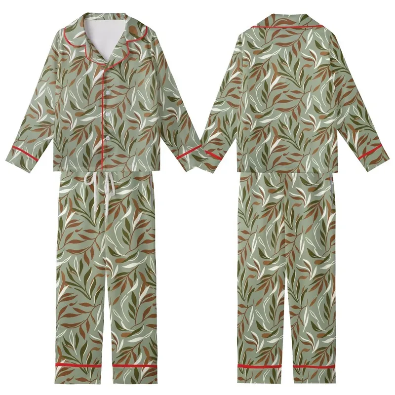 Women's Abstract Botanical Leaf Pattern Linen Sleep Set: Serene Organic Sage Green Loungewear Kid Satin Pajamas Set - mBrRQfVimN