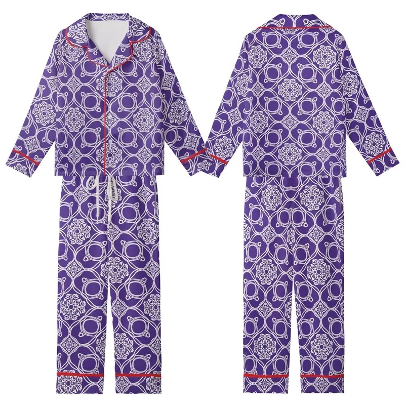 Women's Sophisticated Royal Purple White Dense Repeating Curvilinear Floral Medallion Kid Satin Pajamas Set - GV2soTqBnw