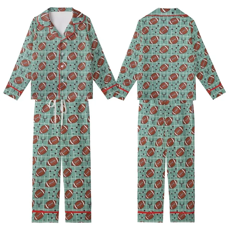 Game Day Enthusiasts' Playful Brown Footballs Muted Teal Grid Star Goalpost Pattern Kid Satin Pajamas Set - MnoDsb7BbF