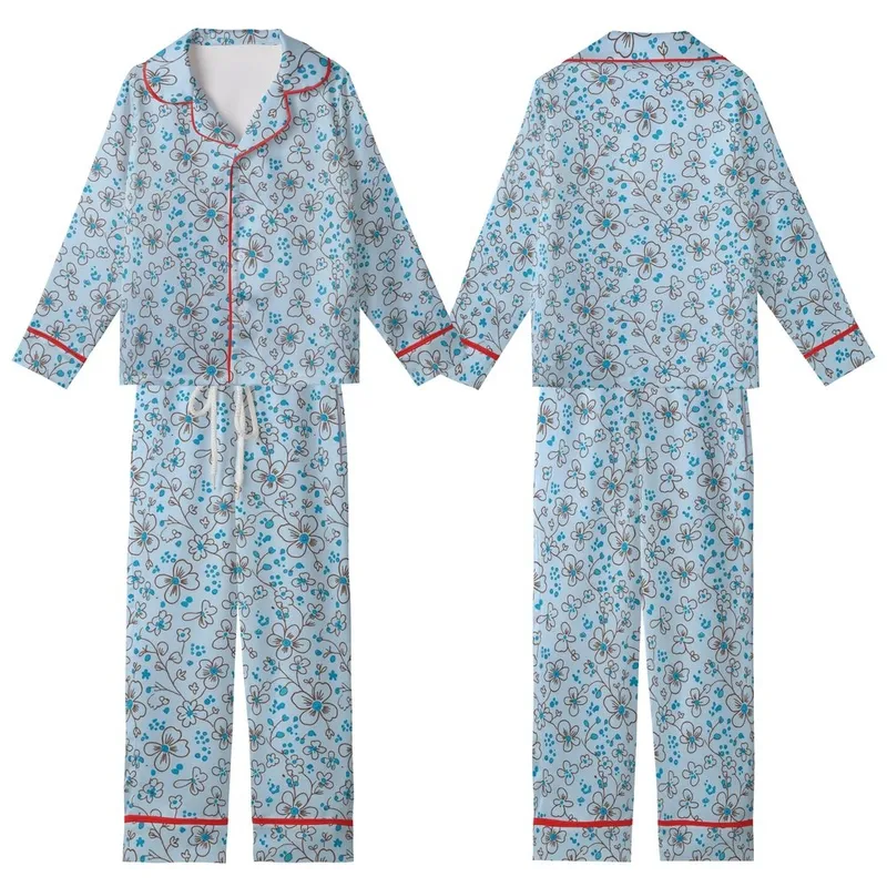 Nature Lovers' Powder Blue Delicate Floral Vine Chocolate Brown Cyan Botanical Pattern Kid Satin Pajamas Set - 1
