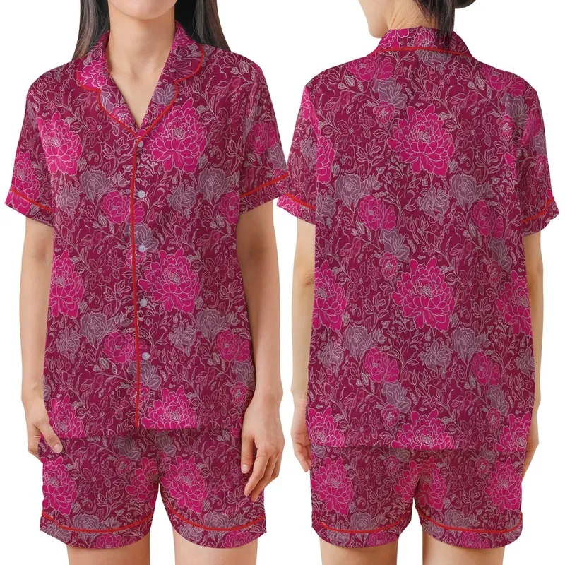 Women's Hand Block Print Fuchsia Floral Peony Rose Cotton Loungewear Set - Indian Inspired Design Satin Short-Sleeve Pajamas Set - jpbJqTSRZJ