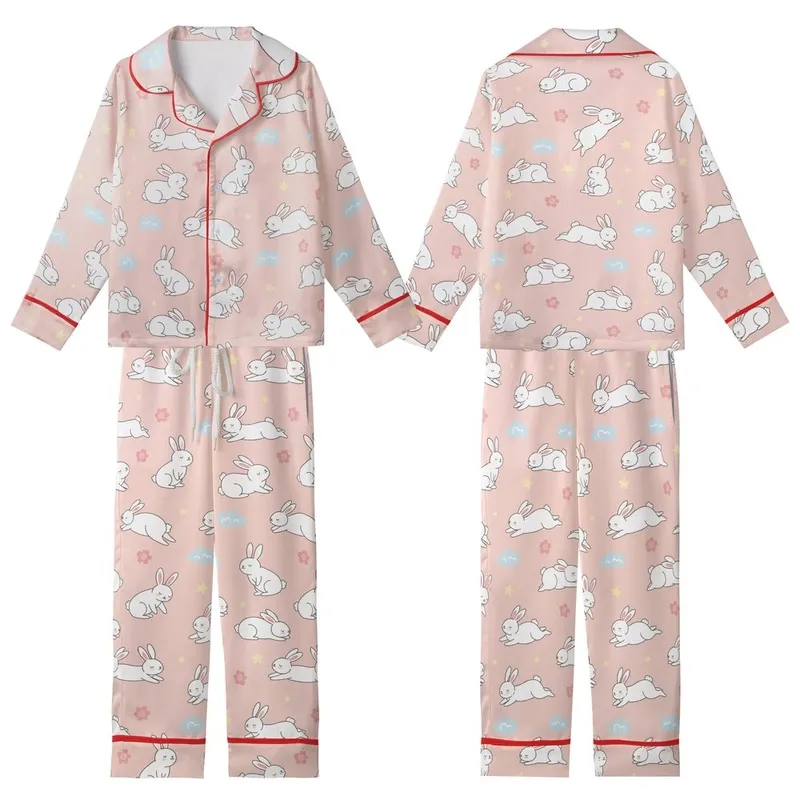Adults' Soft Pink Blush Bunny & Pastel Floral Cloud Footed Pajama Kid Satin Pajamas Set - A4r8iA2nfm