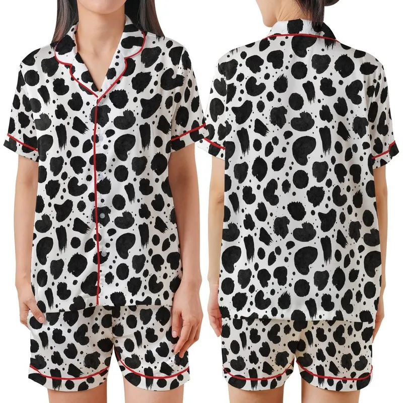 Modern Style Enthusiasts' High Contrast Black Inkblot Organic Abstract Brushstroke Pattern Satin Short-Sleeve Pajamas Set - WGQQX5OxuA