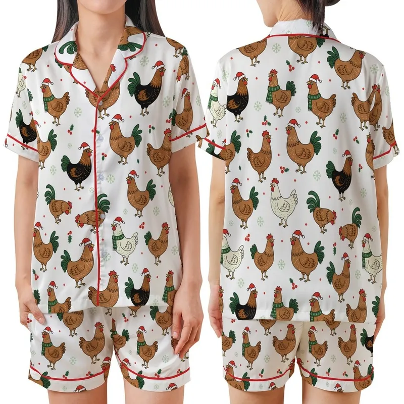 Christmas Enthusiasts' Whimsical Chicken Rooster Red Green Holly Berry Holiday Print Satin Short-Sleeve Pajamas Set - 1