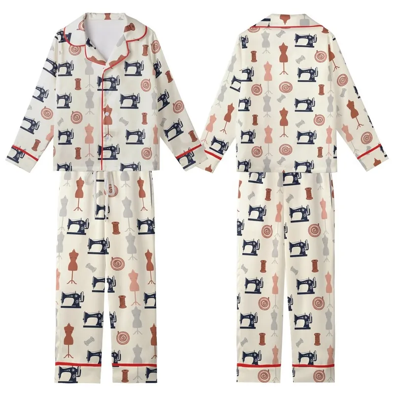 Sewing Enthusiasts' Retro Illustrative Pale Cream Navy Grey Pink Vintage Sewing Machine & Spools Pattern Kid Satin Pajamas Set - DsVRvfNgJ0