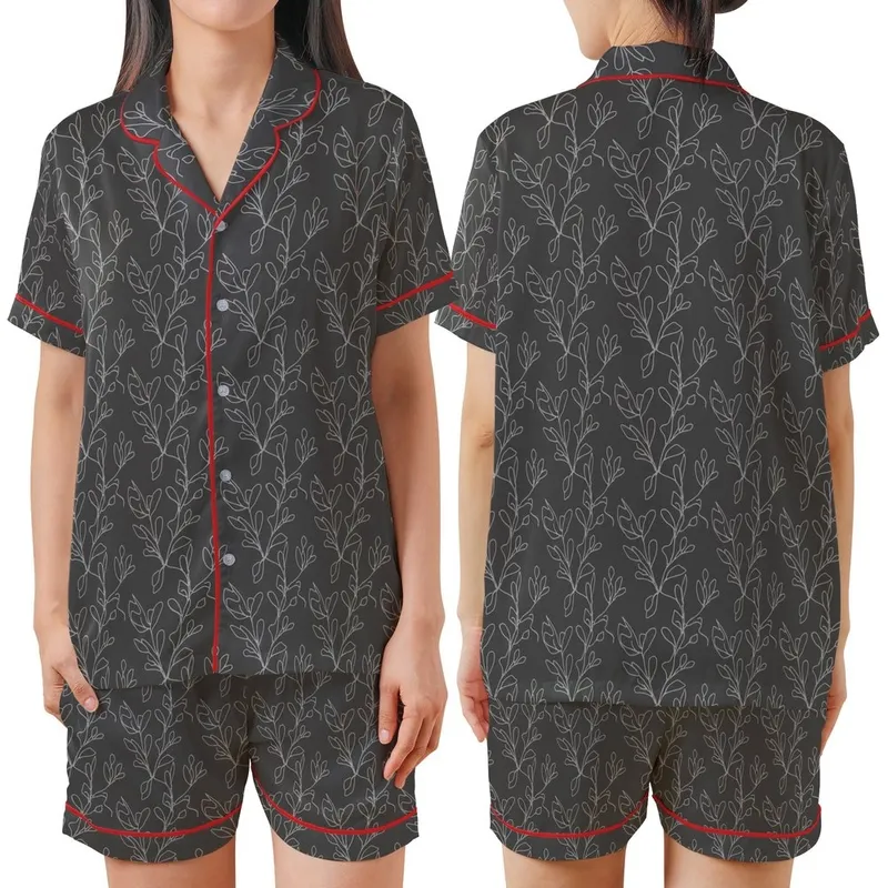 Women's Organic French Linen: Charcoal Abstract Botanical Print - Relaxed Fit Lounge Set Satin Short-Sleeve Pajamas Set - f77puk56Z0