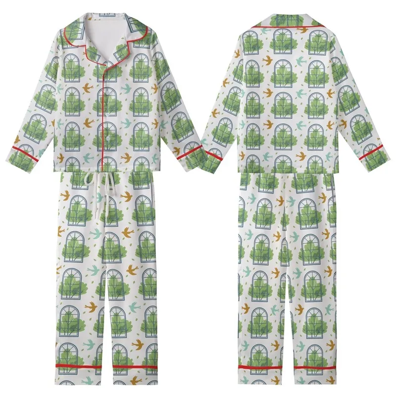 Nature Lovers' Gentle Illustrative Muted Blue-Grey Arched Window Pattern, Green Foliage, Aqua Teal & Ochre Birds Kid Satin Pajamas Set - B3y73v648n