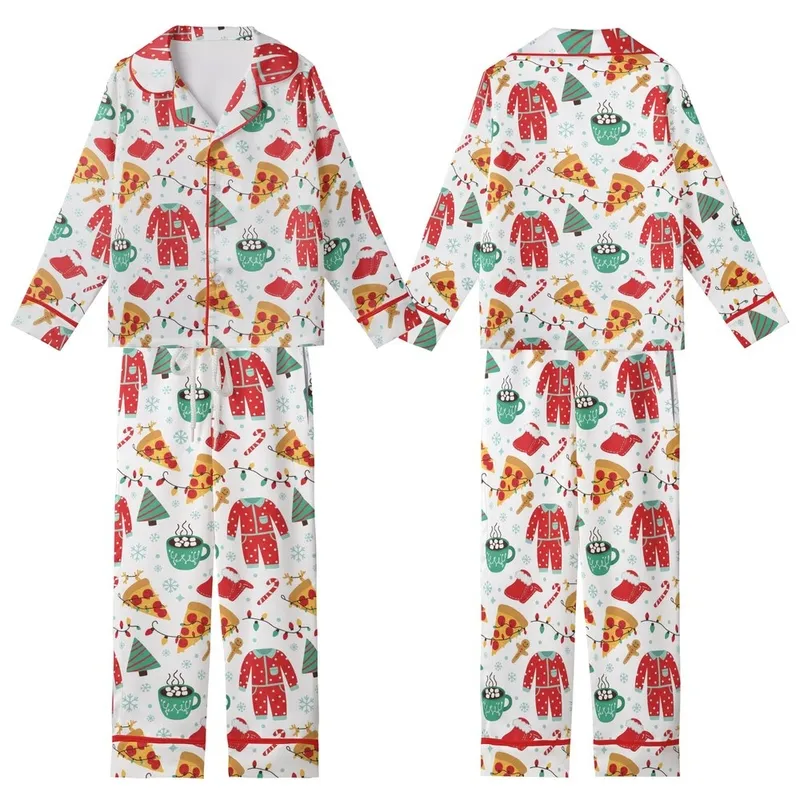 Holiday Pajamas: Whimsical Pizza, Hot Cocoa & Gingerbread Christmas Sleepover Pattern Kid Satin Pajamas Set - MDUIUMJ184