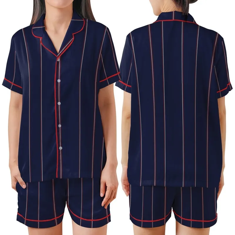 Modern Aesthetic Lover's Geometric Deep Navy Wide Vertical Stripes with Red-Maroon White Pinstripes Satin Short-Sleeve Pajamas Set - 1