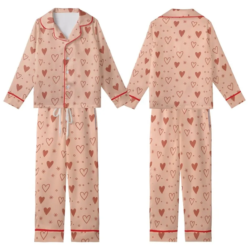 Women's Muted Peach Pink Hearts & Stars Terracotta Print Classic Collar Pajama Set Kid Satin Pajamas Set - 1