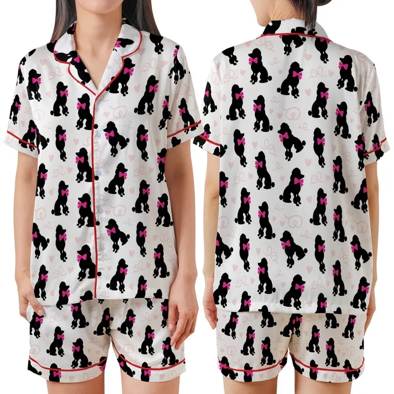 Women's Black Poodle Mama Pajama Pants: Pink Bow Silhouette All-Over Pattern - Soft Brushed Polyester Satin Short-Sleeve Pajamas Set - 1