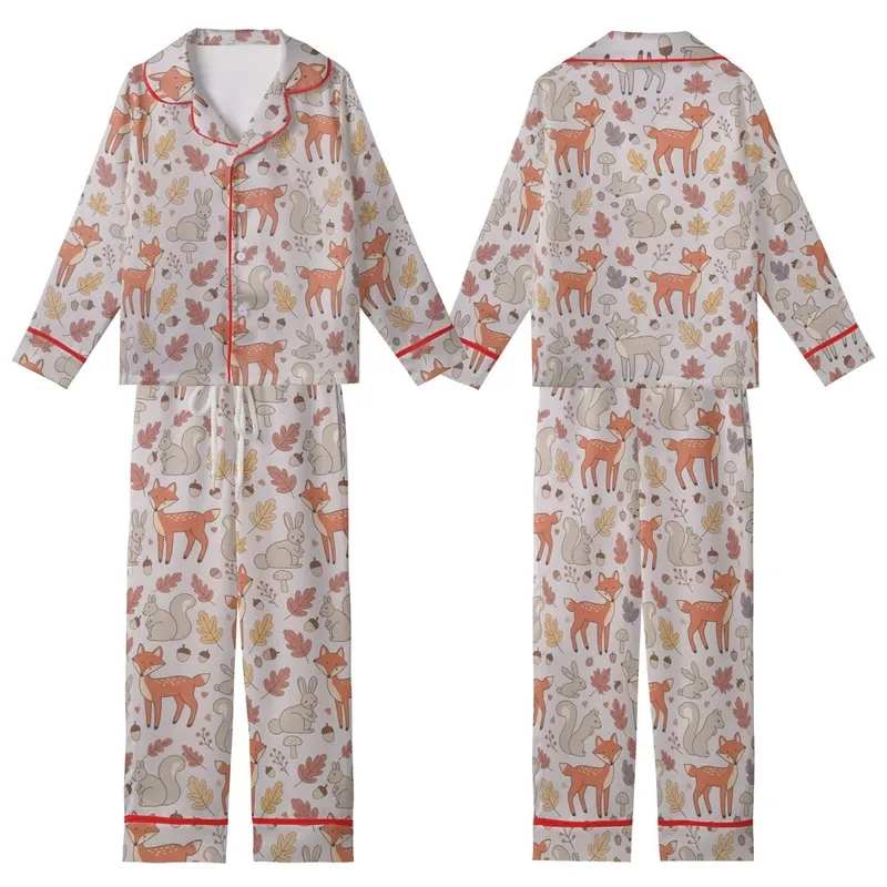 Whimsical Style Adorers' Cute Autumn Woodland Animals Flat Graphic on Pale Lavender-Grey with Terracotta Ochre Dusty Rose Leaves Kid Satin Pajamas Set - 1