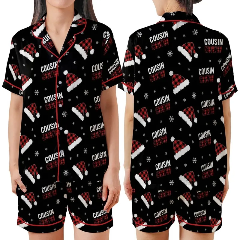 Cousin Crew Holiday Buffalo Plaid Santa Hat Snowflake Sleepwear Satin Short-Sleeve Pajamas Set - 1