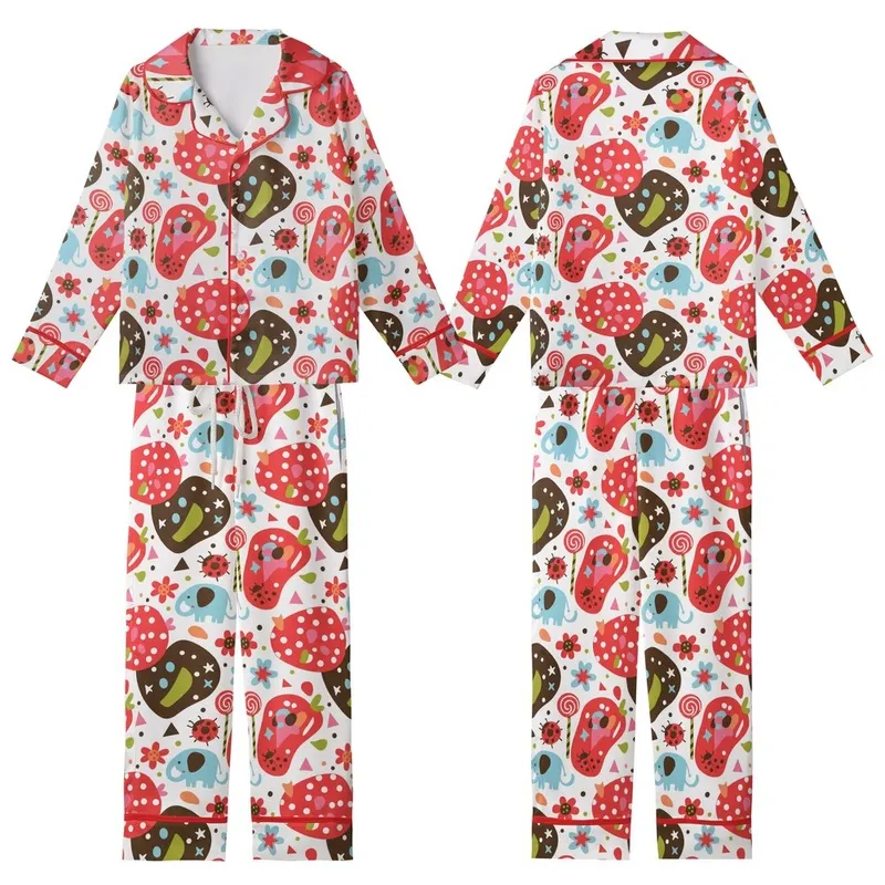 Whimsical Style Lovers' Playful Doodle Elephants, Polka Dot Mushrooms, Flowers Pattern: Red, Brown, Sky Blue, Pink Kid Satin Pajamas Set - 1