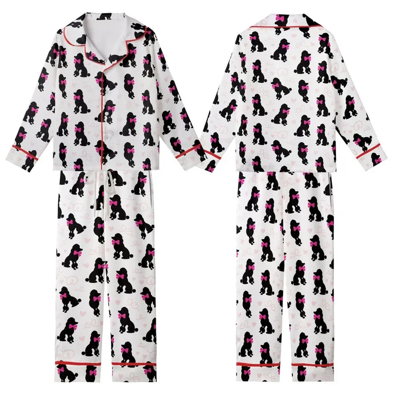 Women's Black Poodle Mama Pajama Pants: Pink Bow Silhouette All-Over Pattern - Soft Brushed Polyester Kid Satin Pajamas Set - 1
