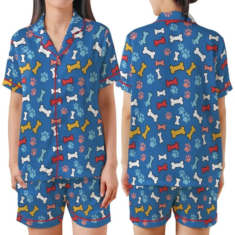 Sighthound Cozy Fleece Loungewear: Royal Blue Cartoon Dog Bone & Paw Print Sleep Suit Satin Short-Sleeve Pajamas Set - isz1PqFsDn