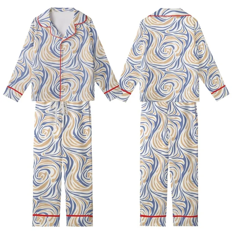 Modern Explorer: Tranquil Abstract Fluid Lines Pattern – Dusty Indigo Beige Wearable Art Print Kid Satin Pajamas Set - kY2RZEw5EJ