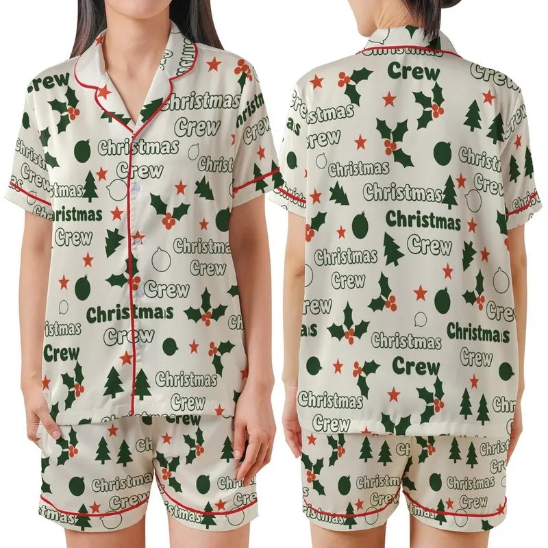 Christmas Crew Retro Groovy Holly Ornament Star Text Pattern Satin Short-Sleeve Pajamas Set - GNAIrFJu02