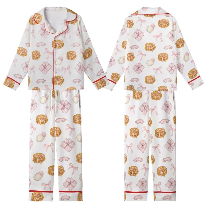 Girls' Watercolor Pancakes & Pink Bow Pajamas Sleep Set Kid Satin Pajamas Set - 1