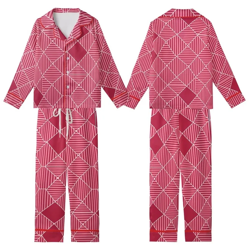 Women's Pink Red Abstract Striped Polygon Pure Cotton Pajamas Kid Satin Pajamas Set - 1