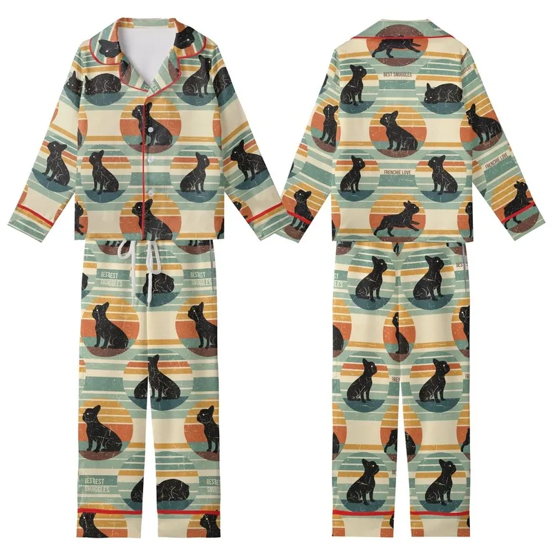 French Bulldog Lover Retro Pajamas: Vintage Frenchie Silhouettes & Muted Sunset Stripe Sleep Set Kid Satin Pajamas Set - xM3oPwkHrZ