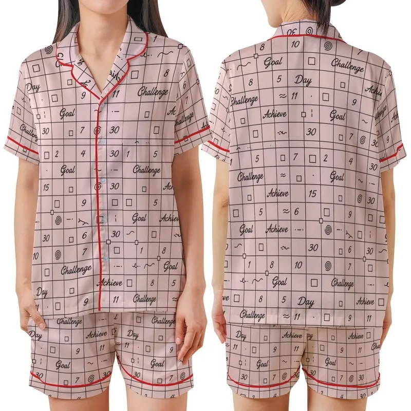 Women's Pastel Pink 30-Day Goal Pajamas: Minimalist Script Grid Sleep Set Satin Short-Sleeve Pajamas Set - 1